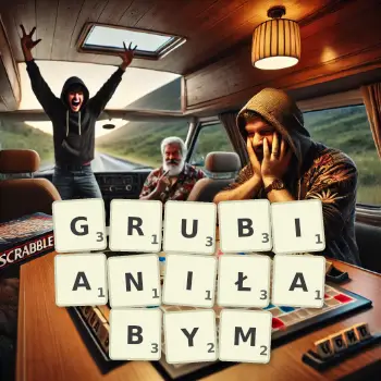 Kreatywna ilustracja do gry w Scrabble ze słowem GRUBIANIŁABYM ułożonym z płytek na planszy.
