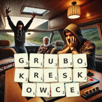 Kreatywna ilustracja do gry w Scrabble ze słowem GRUBOKRESKOWCE ułożonym z płytek na planszy.