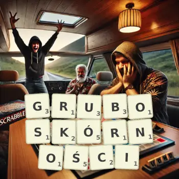 Kreatywna ilustracja do gry w Scrabble ze słowem GRUBOSKÓRNOŚCI ułożonym z płytek na planszy.