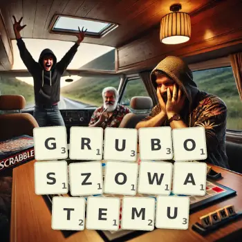 Kreatywna ilustracja do gry w Scrabble ze słowem GRUBOSZOWATEMU ułożonym z płytek na planszy.