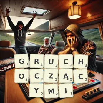 Kreatywna ilustracja do gry w Scrabble ze słowem GRUCHOCZĄCYMI ułożonym z płytek na planszy.