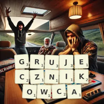Kreatywna ilustracja do gry w Scrabble ze słowem GRUJECZNIKOWCA ułożonym z płytek na planszy.