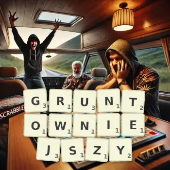 Kreatywna ilustracja do gry w Scrabble ze słowem GRUNTOWNIEJSZY ułożonym z płytek na planszy.