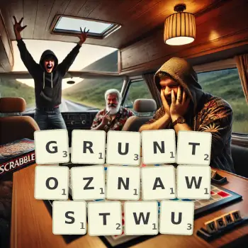 Kreatywna ilustracja do gry w Scrabble ze słowem GRUNTOZNAWSTWU ułożonym z płytek na planszy.