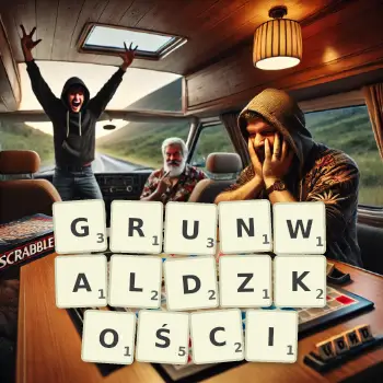 Kreatywna ilustracja do gry w Scrabble ze słowem GRUNWALDZKOŚCI ułożonym z płytek na planszy.