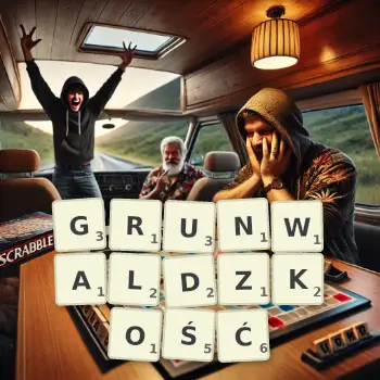 Kreatywna ilustracja do gry w Scrabble ze słowem GRUNWALDZKOŚĆ ułożonym z płytek na planszy.