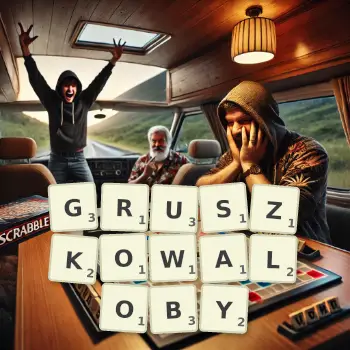 Kreatywna ilustracja do gry w Scrabble ze słowem GRUSZKOWALOBY ułożonym z płytek na planszy.