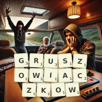 Kreatywna ilustracja do gry w Scrabble ze słowem GRUSZOWIACZKOW ułożonym z płytek na planszy.