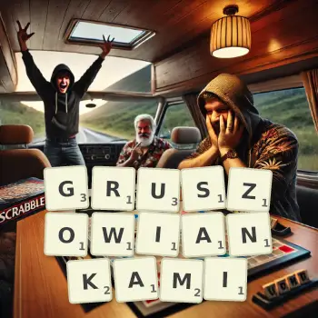 Kreatywna ilustracja do gry w Scrabble ze słowem GRUSZOWIANKAMI ułożonym z płytek na planszy.