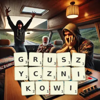 Kreatywna ilustracja do gry w Scrabble ze słowem GRUSZYCZNIKOWI ułożonym z płytek na planszy.