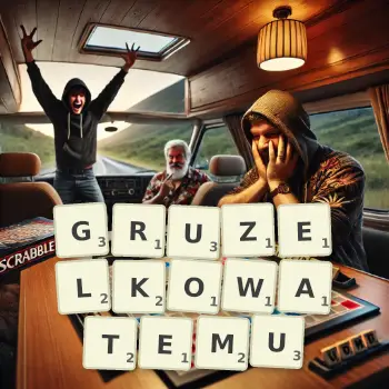 Kreatywna ilustracja do gry w Scrabble ze słowem GRUZELKOWATEMU ułożonym z płytek na planszy.