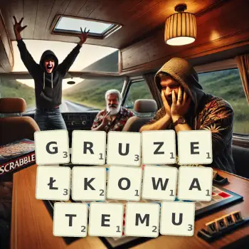 Kreatywna ilustracja do gry w Scrabble ze słowem GRUZEŁKOWATEMU ułożonym z płytek na planszy.