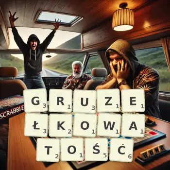 Kreatywna ilustracja do gry w Scrabble ze słowem GRUZEŁKOWATOŚĆ ułożonym z płytek na planszy.