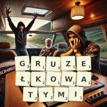 Kreatywna ilustracja do gry w Scrabble ze słowem GRUZEŁKOWATYMI ułożonym z płytek na planszy.