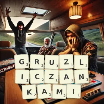 Kreatywna ilustracja do gry w Scrabble ze słowem GRUZLICZANKAMI ułożonym z płytek na planszy.