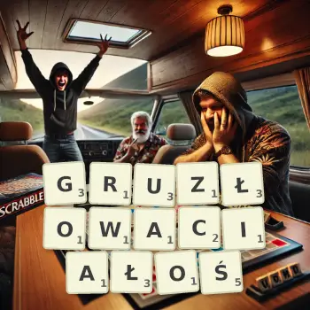 Kreatywna ilustracja do gry w Scrabble ze słowem GRUZŁOWACIAŁOŚ ułożonym z płytek na planszy.