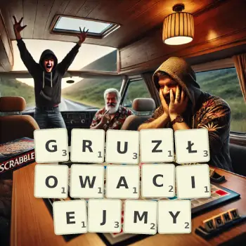 Kreatywna ilustracja do gry w Scrabble ze słowem GRUZŁOWACIEJMY ułożonym z płytek na planszy.