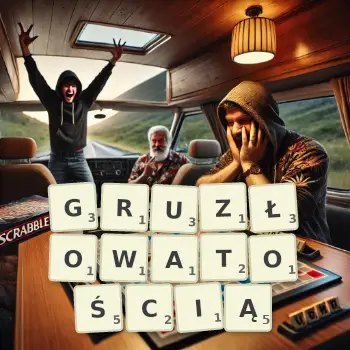 Kreatywna ilustracja do gry w Scrabble ze słowem GRUZŁOWATOŚCIĄ ułożonym z płytek na planszy.