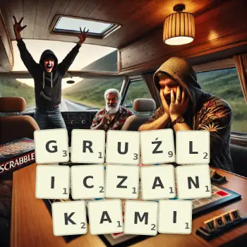 Kreatywna ilustracja do gry w Scrabble ze słowem GRUŹLICZANKAMI ułożonym z płytek na planszy.