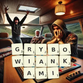 Kreatywna ilustracja do gry w Scrabble ze słowem GRYBOWIANKAMI ułożonym z płytek na planszy.