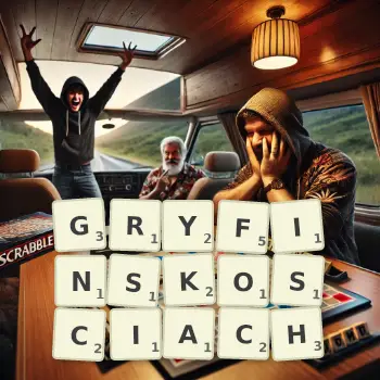 Kreatywna ilustracja do gry w Scrabble ze słowem GRYFINSKOSCIACH ułożonym z płytek na planszy.