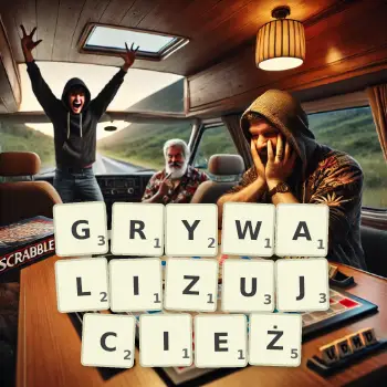 Kreatywna ilustracja do gry w Scrabble ze słowem GRYWALIZUJCIEŻ ułożonym z płytek na planszy.