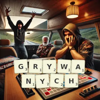Kreatywna ilustracja do gry w Scrabble ze słowem GRYWANYCH ułożonym z płytek na planszy.