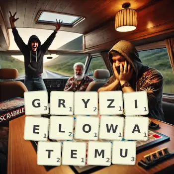 Kreatywna ilustracja do gry w Scrabble ze słowem GRYZIELOWATEMU ułożonym z płytek na planszy.