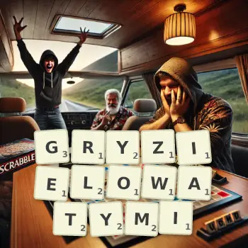 Kreatywna ilustracja do gry w Scrabble ze słowem GRYZIELOWATYMI ułożonym z płytek na planszy.