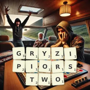 Kreatywna ilustracja do gry w Scrabble ze słowem GRYZIPIORSTWO ułożonym z płytek na planszy.