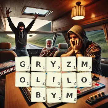 Kreatywna ilustracja do gry w Scrabble ze słowem GRYZMOLILOBYM ułożonym z płytek na planszy.