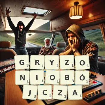 Kreatywna ilustracja do gry w Scrabble ze słowem GRYZONIOBÓJCZA ułożonym z płytek na planszy.