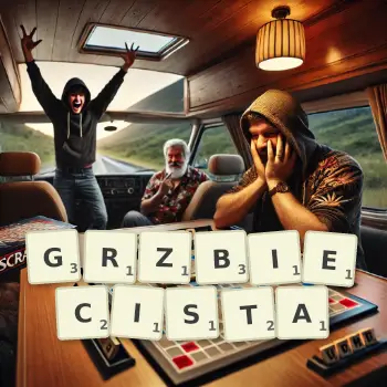 Kreatywna ilustracja do gry w Scrabble ze słowem GRZBIECISTA ułożonym z płytek na planszy.