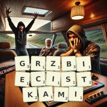 Kreatywna ilustracja do gry w Scrabble ze słowem GRZBIECISTKAMI ułożonym z płytek na planszy.