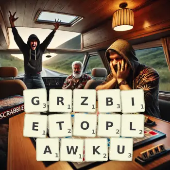 Kreatywna ilustracja do gry w Scrabble ze słowem GRZBIETOPLAWKU ułożonym z płytek na planszy.