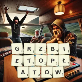 Kreatywna ilustracja do gry w Scrabble ze słowem GRZBIETOPŁATÓW ułożonym z płytek na planszy.