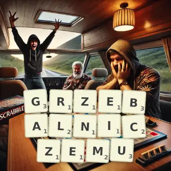 Kreatywna ilustracja do gry w Scrabble ze słowem GRZEBALNICZEMU ułożonym z płytek na planszy.