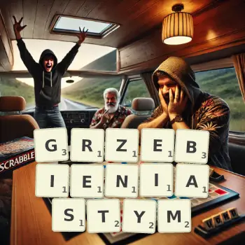 Kreatywna ilustracja do gry w Scrabble ze słowem GRZEBIENIASTYM ułożonym z płytek na planszy.