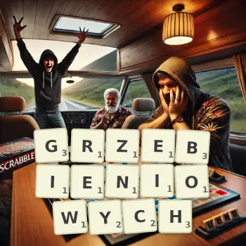 Kreatywna ilustracja do gry w Scrabble ze słowem GRZEBIENIOWYCH ułożonym z płytek na planszy.