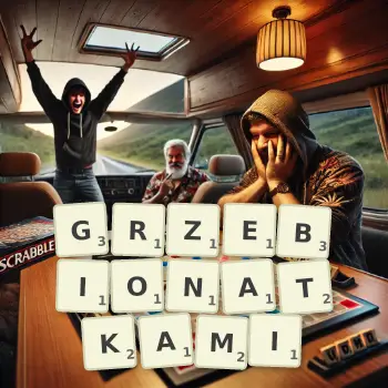 Kreatywna ilustracja do gry w Scrabble ze słowem GRZEBIONATKAMI ułożonym z płytek na planszy.