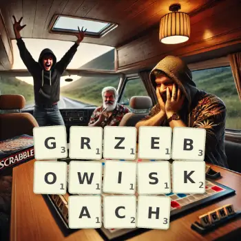 Kreatywna ilustracja do gry w Scrabble ze słowem GRZEBOWISKACH ułożonym z płytek na planszy.