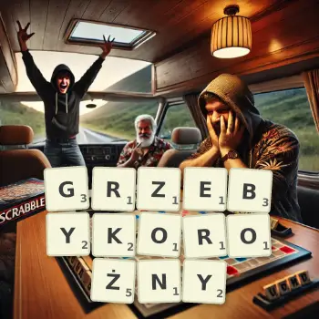 Kreatywna ilustracja do gry w Scrabble ze słowem GRZEBYKOROŻNY ułożonym z płytek na planszy.