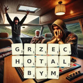 Kreatywna ilustracja do gry w Scrabble ze słowem GRZECHOTALBYM ułożonym z płytek na planszy.