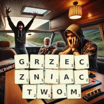 Kreatywna ilustracja do gry w Scrabble ze słowem GRZECZNIACTWOM ułożonym z płytek na planszy.