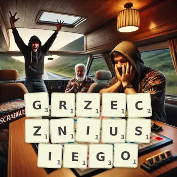 Kreatywna ilustracja do gry w Scrabble ze słowem GRZECZNIUSIEGO ułożonym z płytek na planszy.