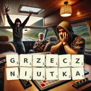 Kreatywna ilustracja do gry w Scrabble ze słowem GRZECZNIUTKA ułożonym z płytek na planszy.
