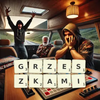 Kreatywna ilustracja do gry w Scrabble ze słowem GRZESZKAMI ułożonym z płytek na planszy.