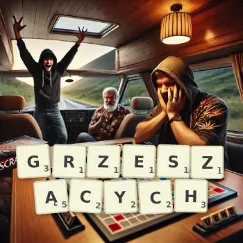 Kreatywna ilustracja do gry w Scrabble ze słowem GRZESZĄCYCH ułożonym z płytek na planszy.