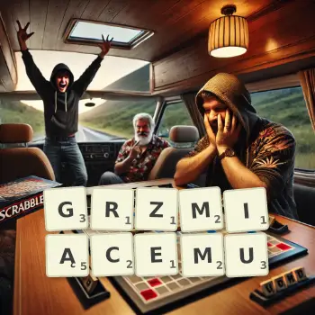 Kreatywna ilustracja do gry w Scrabble ze słowem GRZMIĄCEMU ułożonym z płytek na planszy.