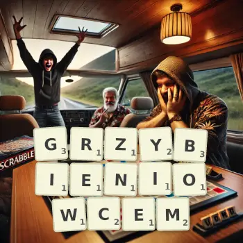 Kreatywna ilustracja do gry w Scrabble ze słowem GRZYBIENIOWCEM ułożonym z płytek na planszy.